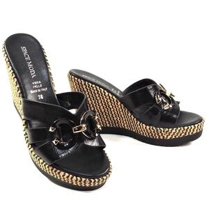 SPACE MODA BY REPO 🇮🇹 WOMEN'S BLACK SOFT LEATHER COMFORT WEDGE SUMMER MULES